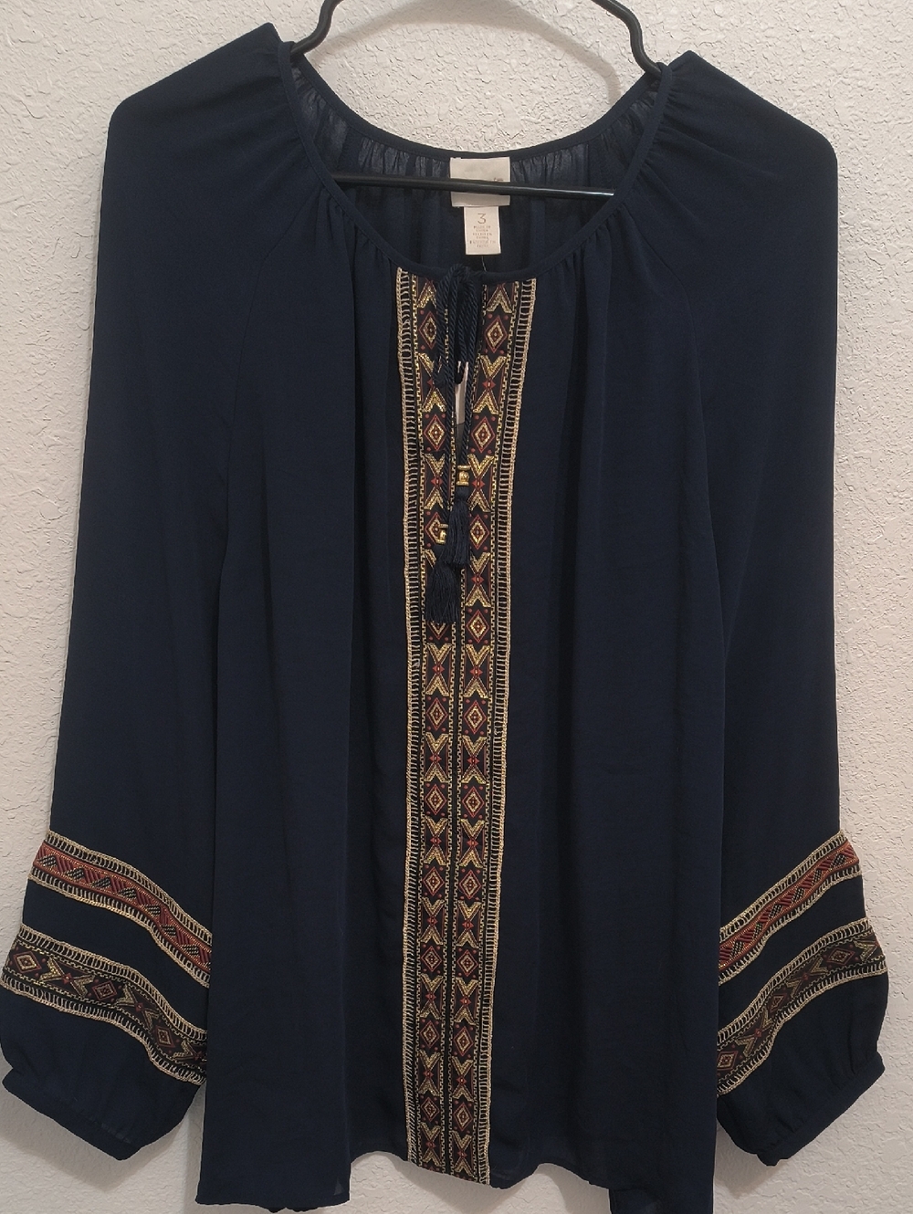 NWT Chico's Navy  Embroidered Boho Tunic Top. Plus 3